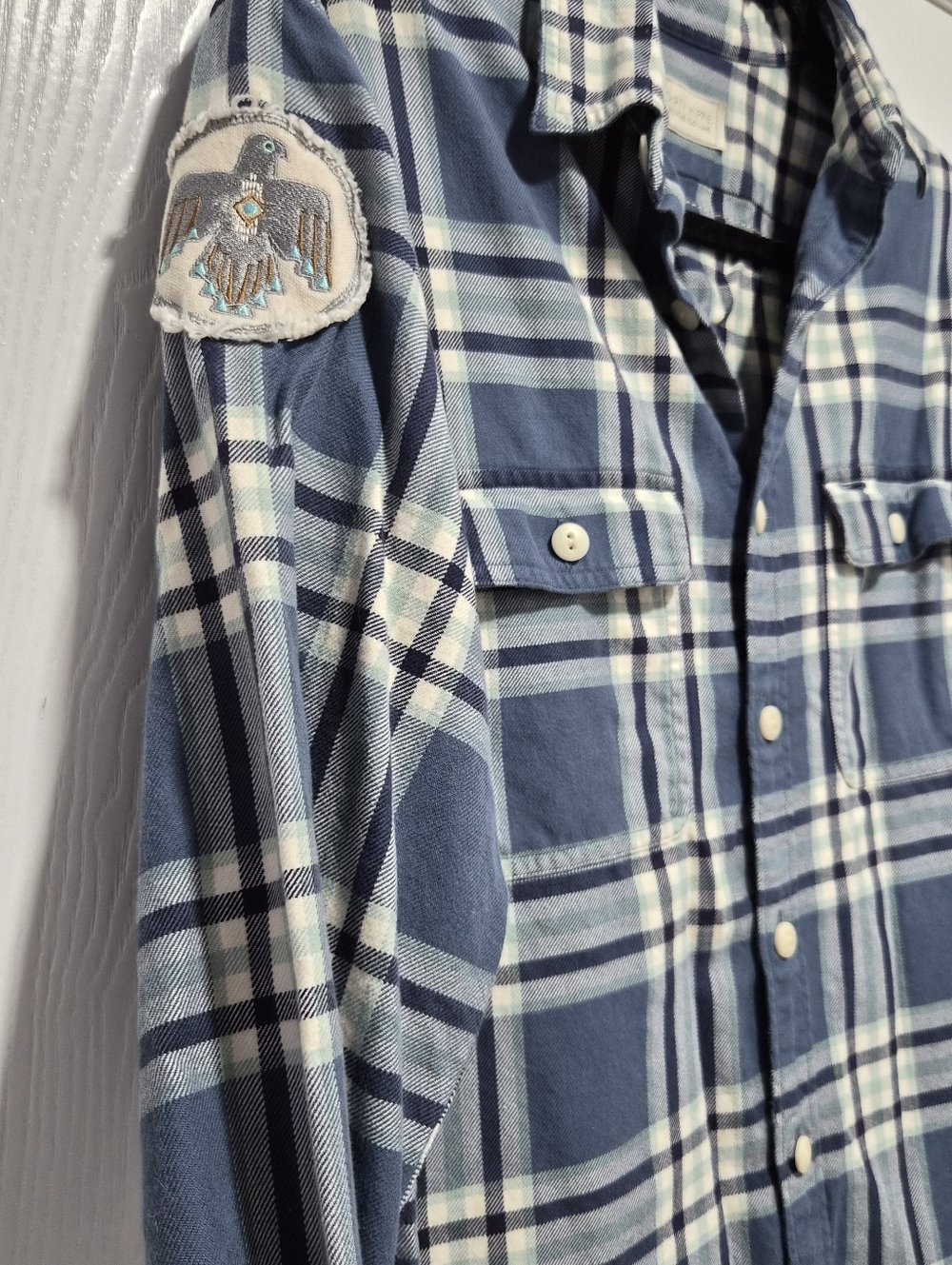 Upcycled Unisex Rolling Stones Flannel Blue Plaid Button Down Shirt - Picture 4 of 8